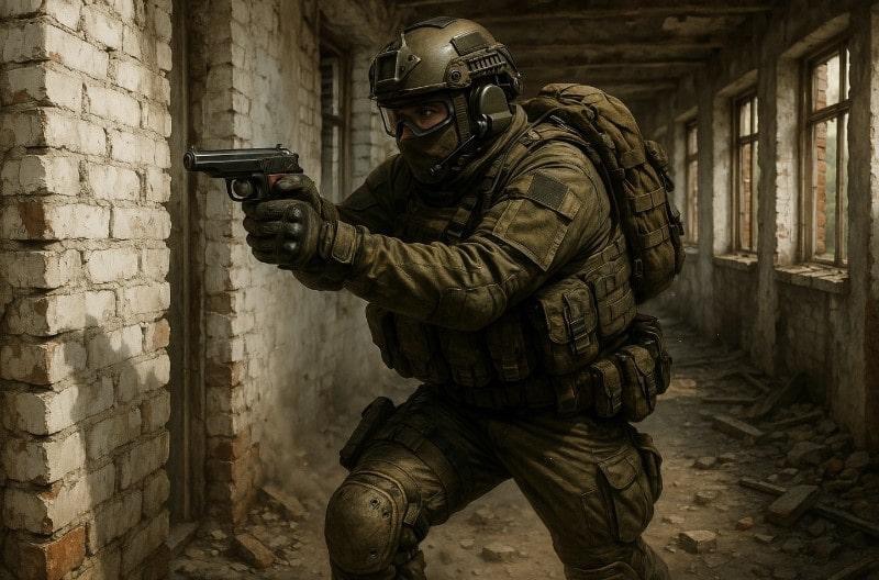 игрок в хардбол на штурме с пистолетом Макарова